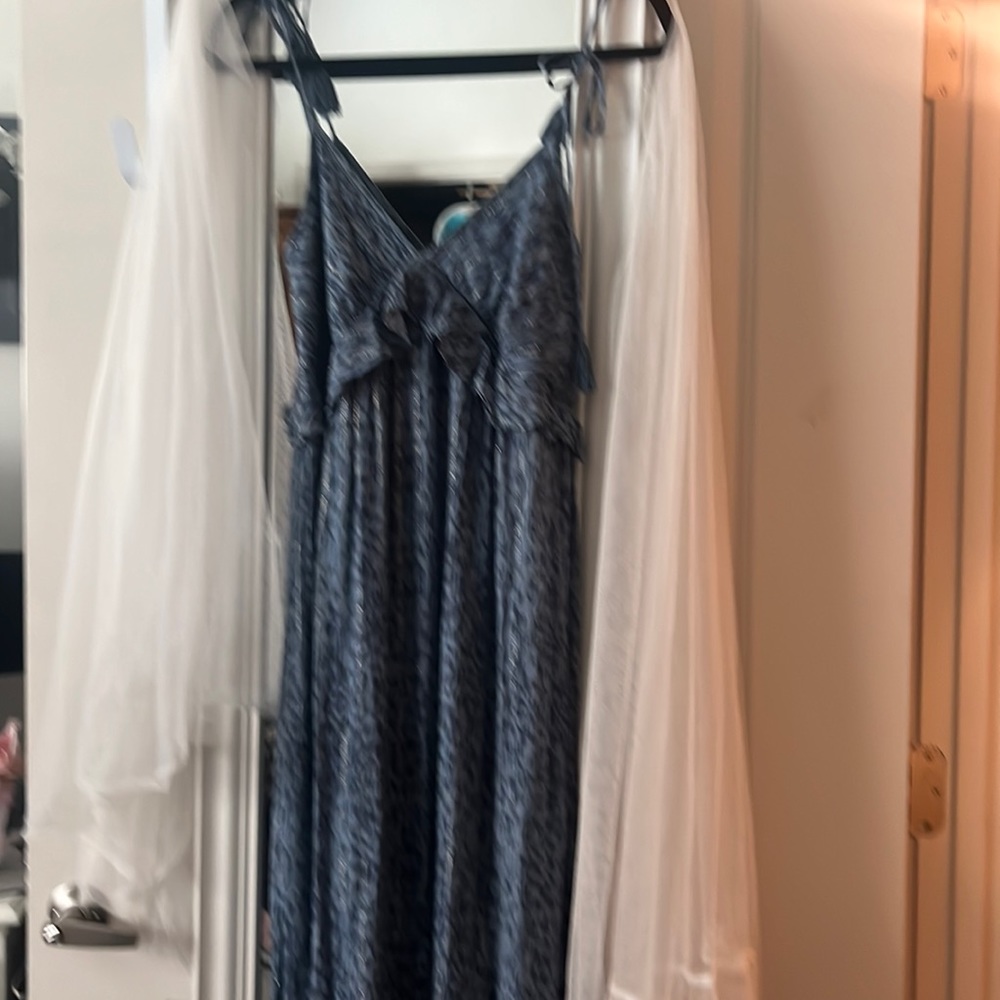 Maxi Lovestitch Dress, V Front, adjustable straps. Soft shades of Blue